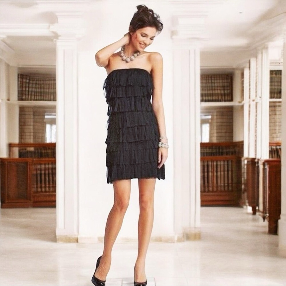 NWT Ann Taylor Black Fringed Tulle Strapless Dress Size 8